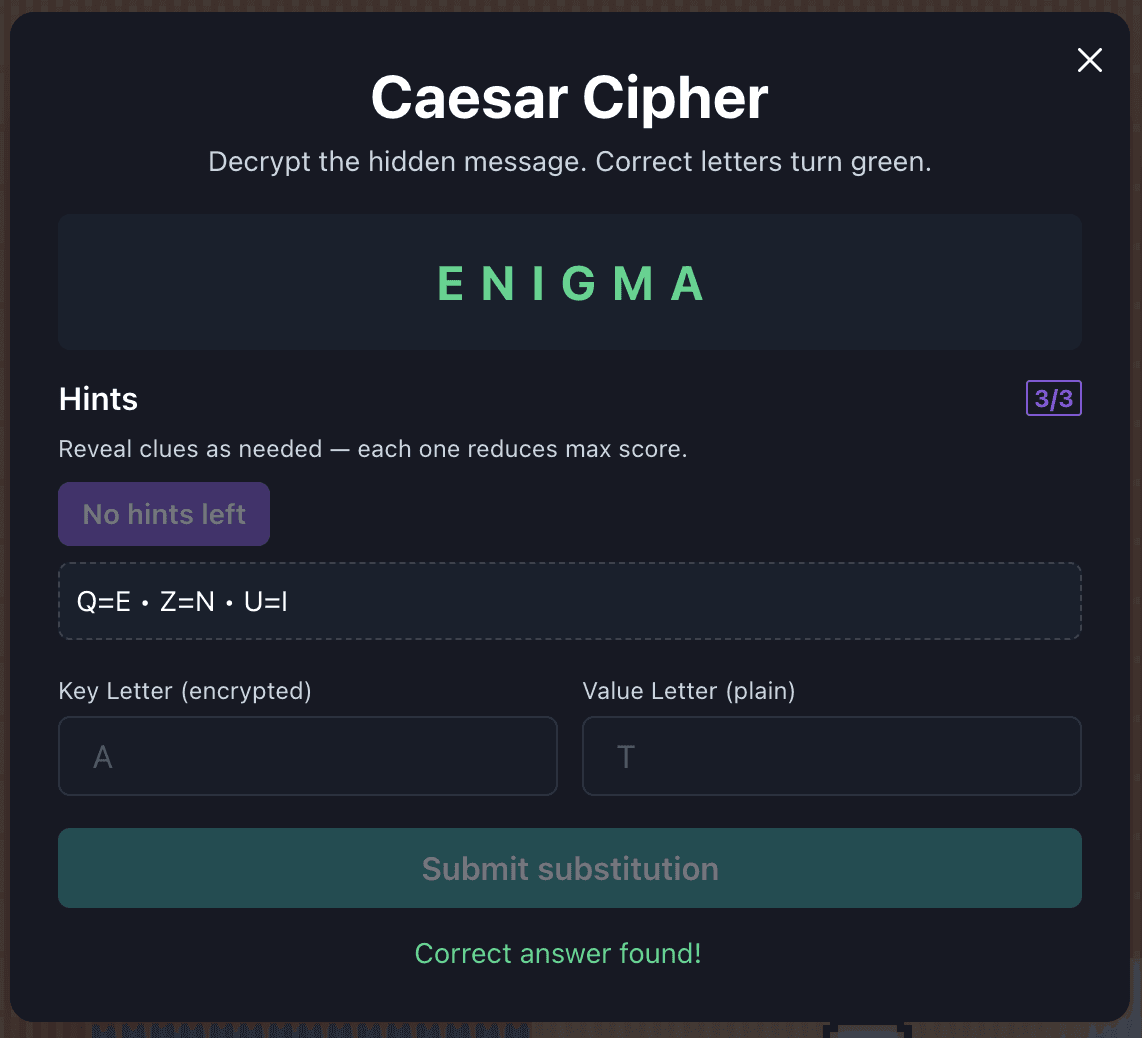 Caesar Cipher mini-game interface