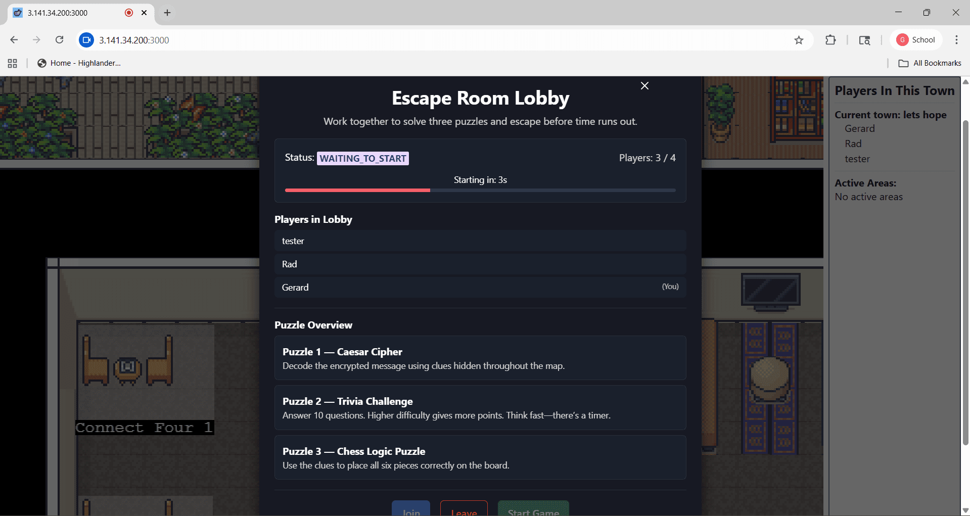 Covey.Town Escape Room lobby countdown with three players