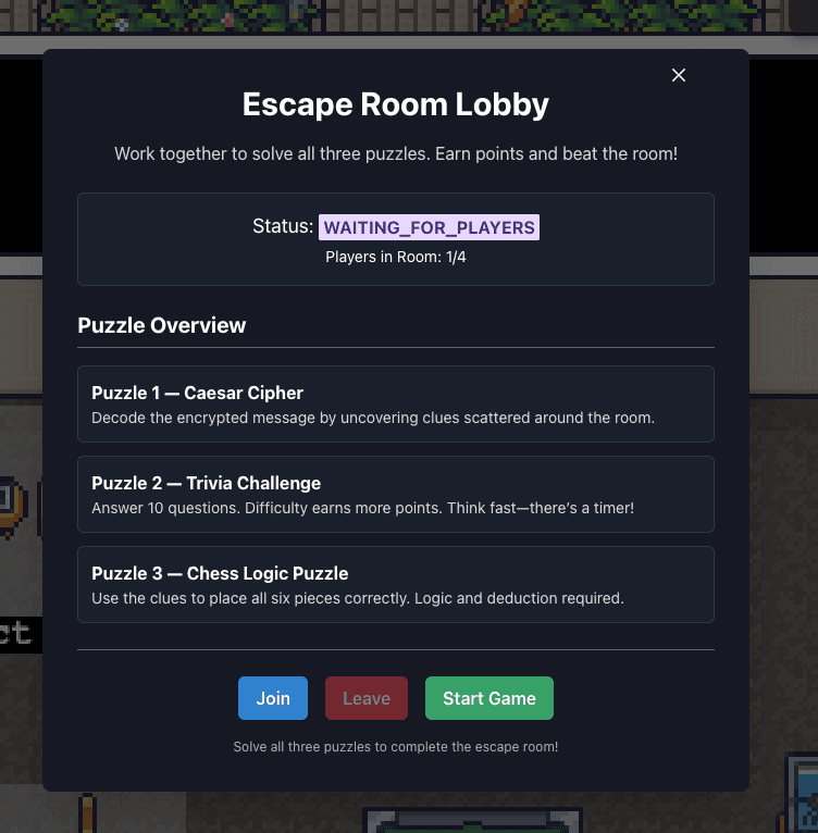 Covey.Town Escape Room lobby waiting for players