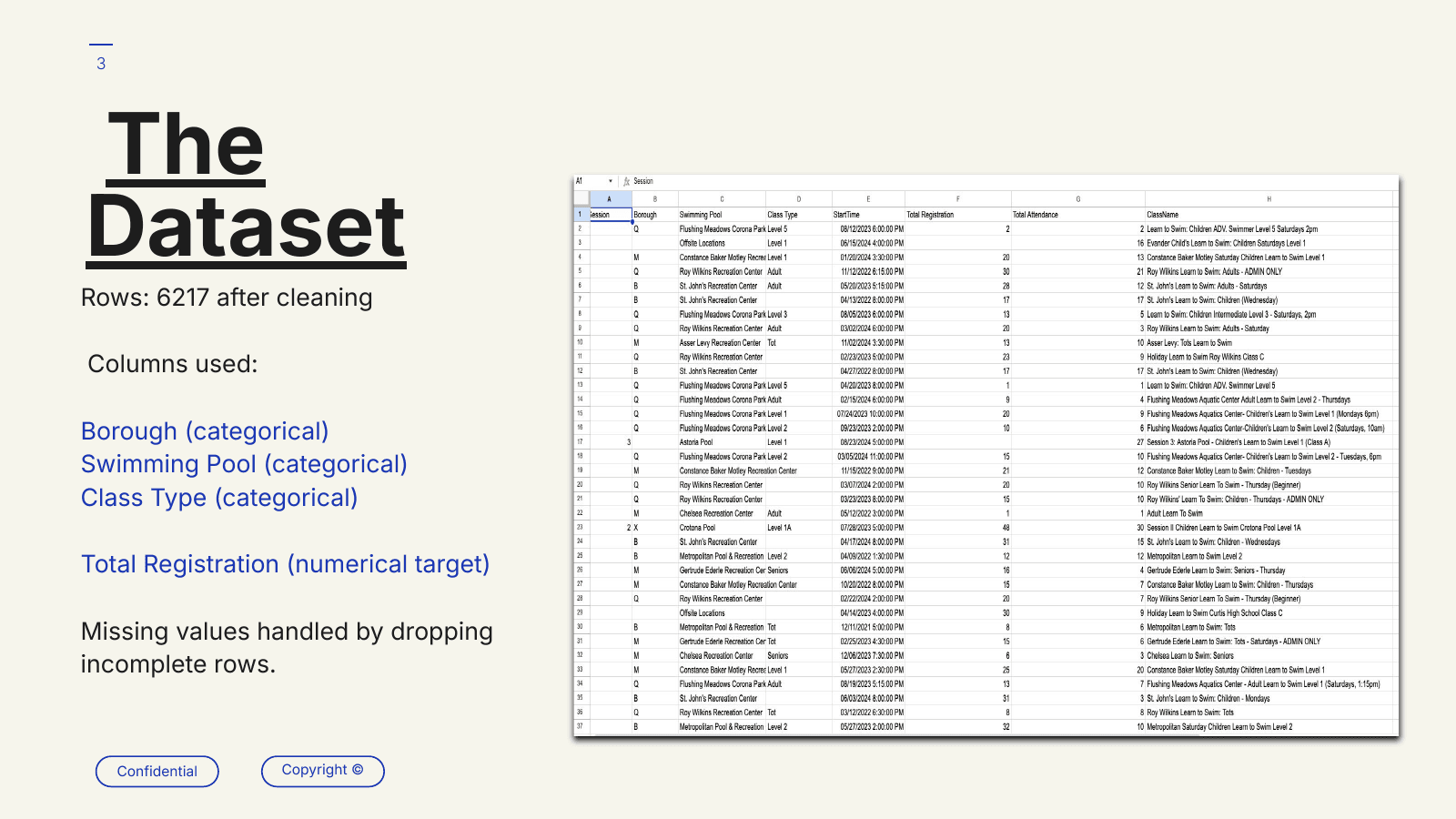 NYC Aquatics dataset slide showing rows and selected columns