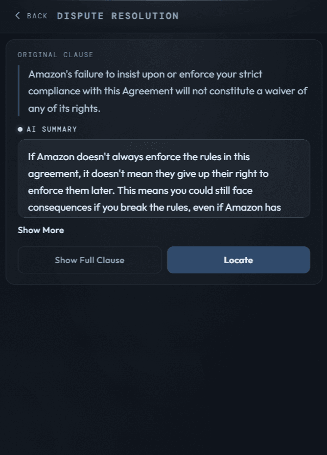 PolicyScope AI summary view explaining a legal clause