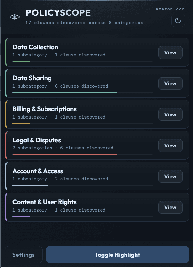 PolicyScope popup showing detected policy categories