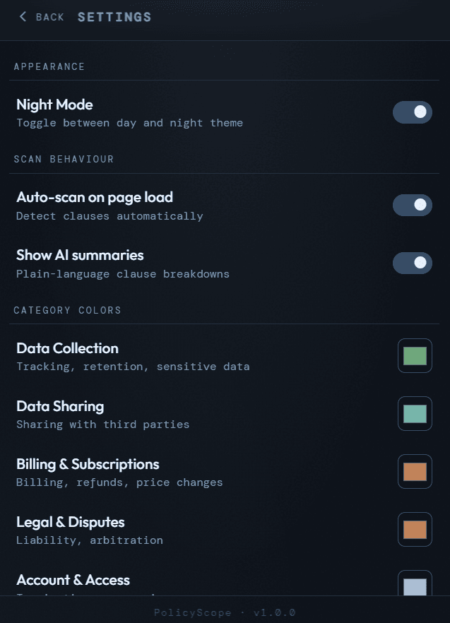 PolicyScope settings page with scan behavior and category colors