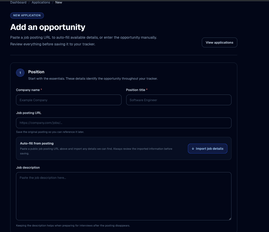Application Tracker application form