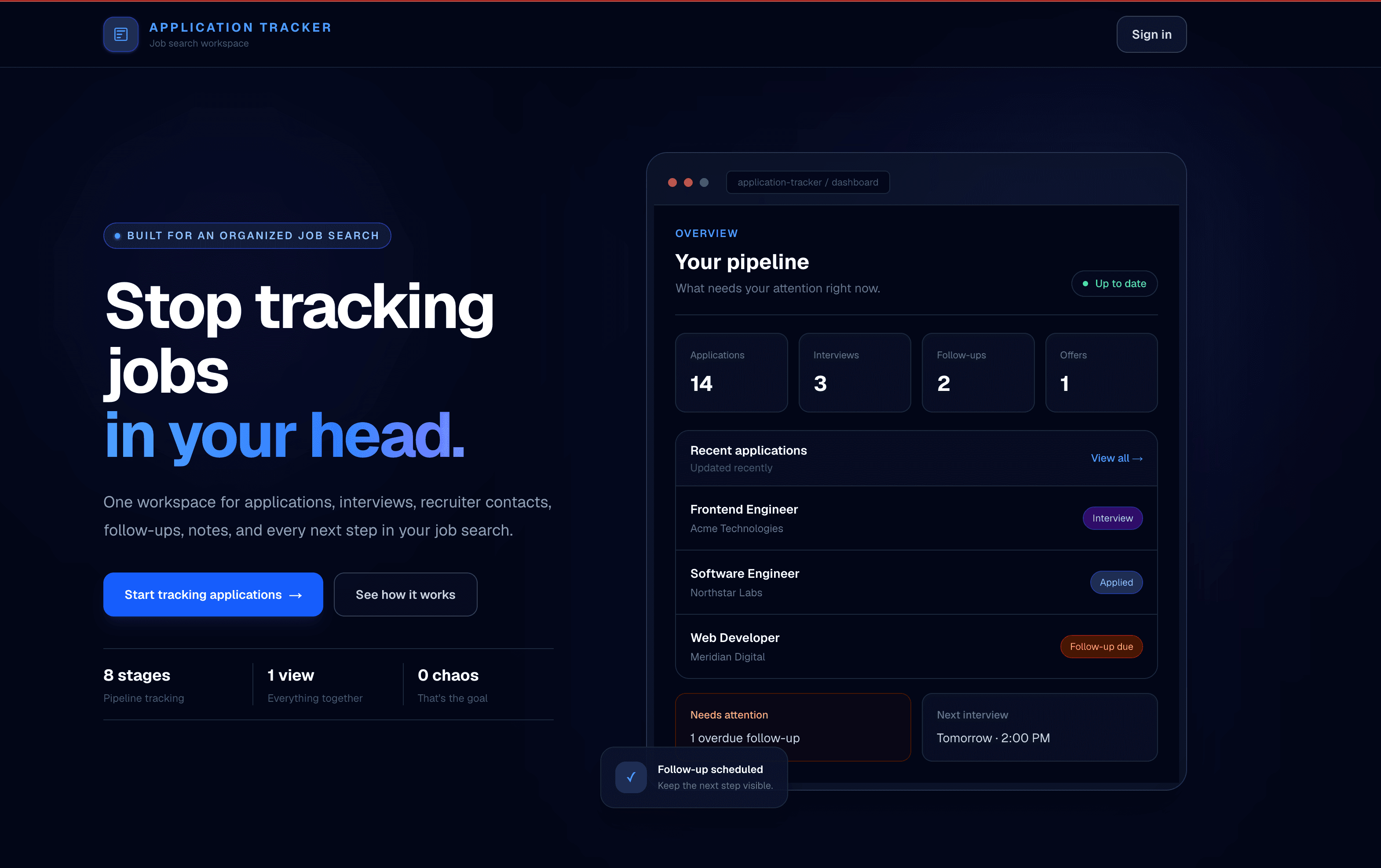 Application Tracker landing page