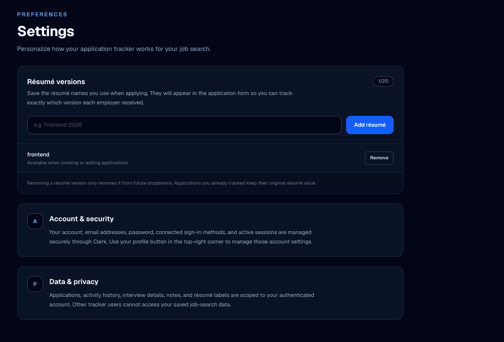 Application Tracker settings page